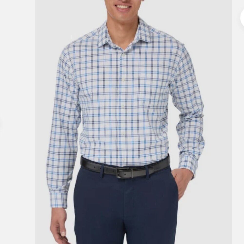 NEW Kirkland Signature Men's XL Blue & White Plaid Performance Sport Dress Shirt